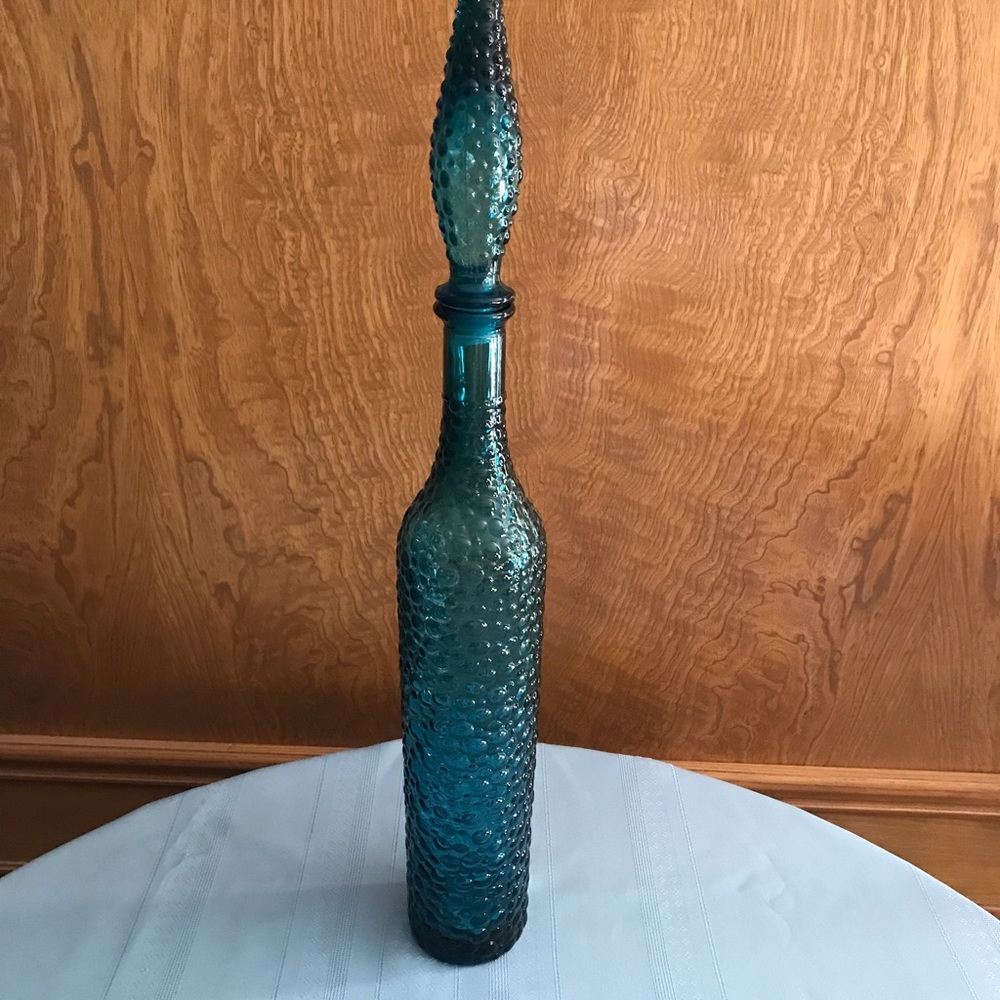 Vintage Teal Hobnail Glass Bottle with Stopper Made in Italy 22 1/2” tall